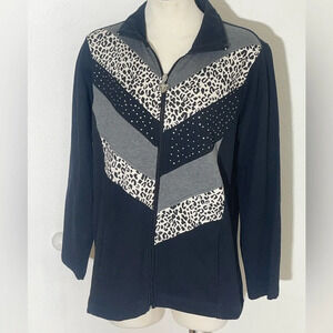 Three hearts full zip sweater jacket top size large black leopard print studded